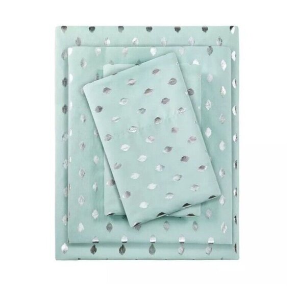Intelligent Design Twin XL Printed Microfiber Sheet Set Aqua Foil Metallic Print - Picture 1 of 6